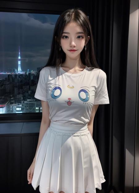 masterpiece,best quality,(Night:1.7),Japan,Tokyo,CityView,Before Window,
1girl,Standing at attention,white skirt,glasses,european girls,<lora:more_details:0.5>
 <lora:Cat T Shirt_20230630181326:0.7>Cat T Shirt,white shirt