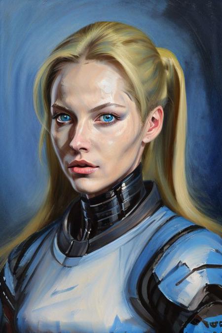 (woman:0.6) from the future, cyber punk clothing blue eyes blond, hairs half-up half-down, commander  <lora:jgurney:0.7> oil painting brush strokes