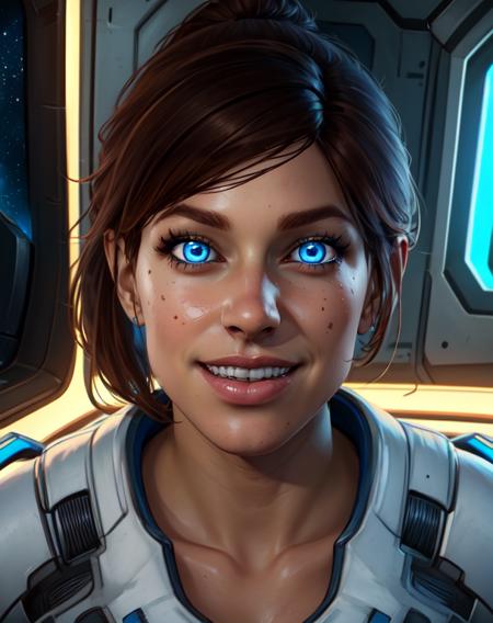 Sara,solo,brown hair,blue eyes,lips, short hair,ponytail, upper body, awkward smile, teeth, 
Ryder, white and blue casual wear, cleavage, space pod, neon lights,
(insanely detailed, beautiful detailed face, masterpiece, best quality)
 <lora:SaraRyder-10v6:0.8>