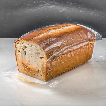 a photo of  <lora:Shrink_Wrap_SDXL_V1:1> shrink wrap loaf of bread