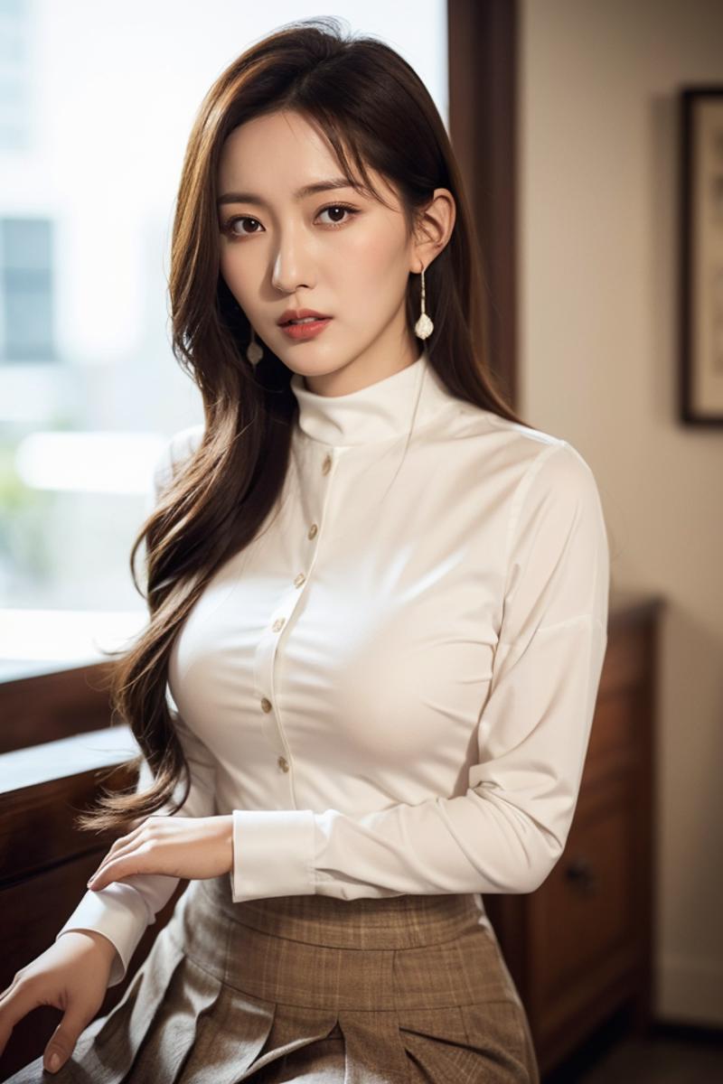 A beautiful young Asian woman in a white shirt and pearl earrings.