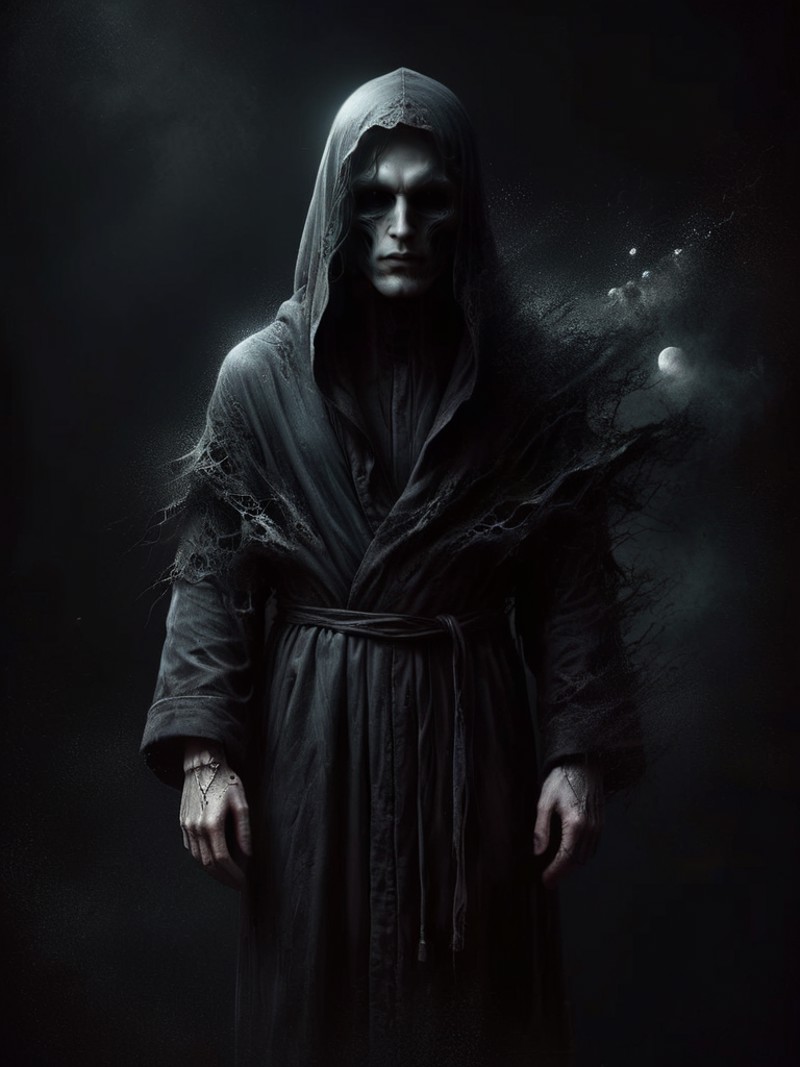 Man in black robe standing in darkness, album cover, by Balázs Diószegi, tumblr, horror gothic art, veil, moonless night, ...
