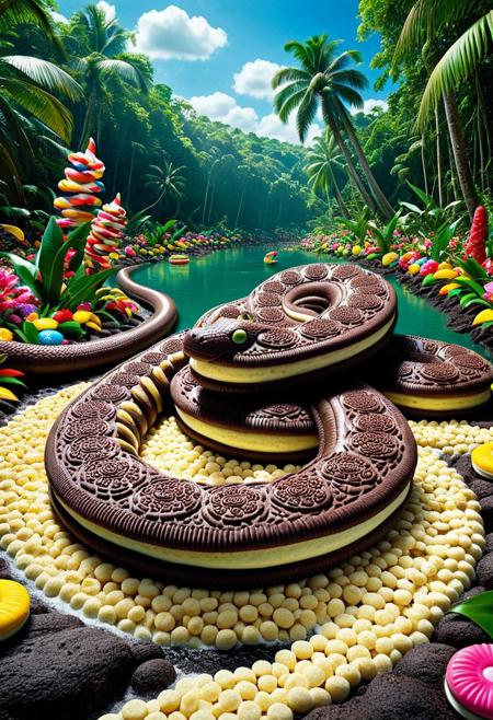Sweet Delight, ((Anaconda)) made of creamy cookies, swimming through creamy Amazon river, Cookies trees of the tropical sugar forest, sweetscape, candy flowers,  sweet landscape, striking, lively colors, intense colors, picturesque, masterwork, exemplar quality, global illumination, SFW, PG, exquisite detail, digital art, dw01-3400