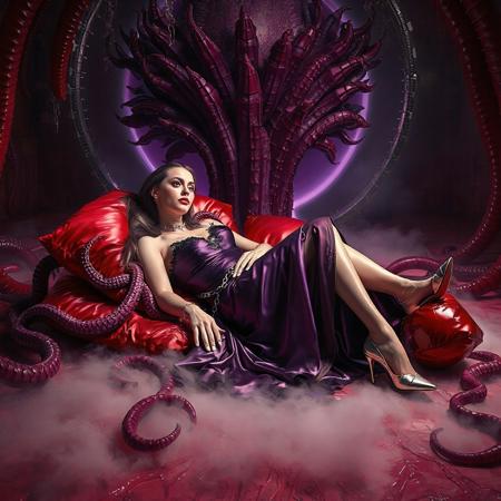 classy rich slender elegant russian baroness in glossy liquid satin provocative rich 1950s nightgown with lace inserts   and  glossy high heels, slave collar, chainew in thin silver chains, entangled in long tentacles, laying  reclined in weird red foil pillows, covered with giant ultrathin transparent glossy slime veils, under tantacles canopy,  giant portal to outer space, fog from the floor, giant purple alien carnivorous flower with glossy spiked petals at background, weird alien hive slime walls and fleshy floor, horror, fashion look, hollywood, vogue makeup, long haired, ultrathin waisym reminiscent of H.R. Giger, Zdzisław Beksinski, and Ash Thorp's dark, sleek styles, with close-up glamour photography, glossy satin and silver heels glistening, fleshy slime dripping, and dark shadows.