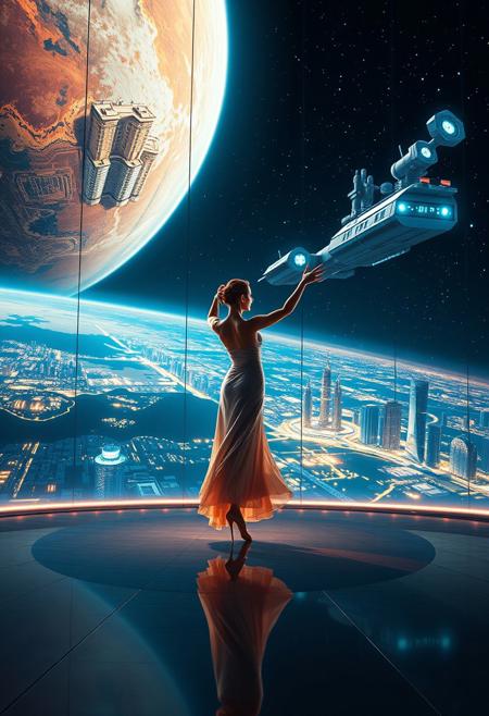 a beautiful elegant female dancer is dancing on a futuristic stage micro-LED lighted, behind the dancer on the stage is an enormous seamless and futuristic wall to wall and floor to ceiling window that looks out at a planet from low orbit, the planet is covered with the lights of enormous buildings and cities, An enormous deco starship with futuristic lighting and an enormous space station are visible in the background among the stars, Artistic art deco, dynamic perspective, (((overall architectural aesthetic is Art Deco Cyberpunk))).  Epic image that elicits a feeling of wonder and awe, nebula in distance, extreme detail with city and lights,