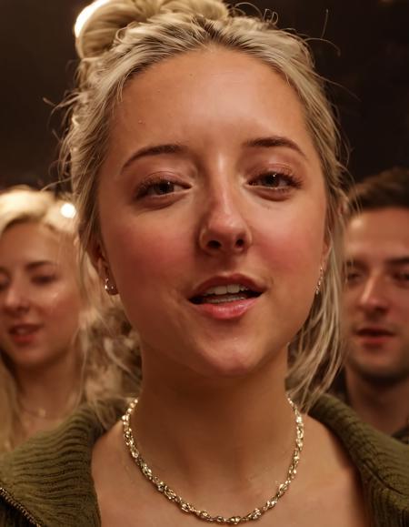 In a cinematic scene, MissKatie, wearing her stunning Futuristic Olive Cable-knit sweater with Sport sunglasses and Tote bags, adorned with a beaded necklace, and flaunting makeup on flawless skin that catches the detailed film grain of the 4k camera, stands in a vividly lit room where the light dances off her blonde hair. As she confidently looks at the viewer, her expressive lips part, revealing glistening teeth and jewelry, capturing the attention with a hint of sidelighting providing intricate detail and realistic textures to her skin, all while the male focus stands in the background at a crowded nightclub party, blurred to create a contrasting depth and atmosphere. <lora:zowzzg18e7862e4a8p1a1:1>