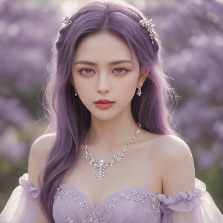 a woman with purple hair and a white dress
