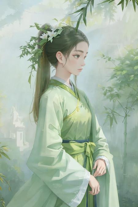 1girl,green chinese cloth, beauty,  (trees:0.5), (flowers:0.6) ,(birds:0.2), (bamboo0.1), lakes, look looking at viewer,