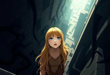 A serene girl, locks cascading down her back like a golden waterfall, and bangs framing her heart-shaped face, navigates a mystical maze. Towering walls cast long shadows, like dark tentacles grasping for her. Her gaze ascends, a mix of awe and exasperation etched on her features, as the camera's bird's-eye view reveals the labyrinthine complexity below. Soft luminescence bathes the scene, imbuing the atmosphere with an otherworldly essence, as if the very fabric of reality has become a dreamlike tapestry.