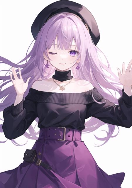  (white background:1.2), 
solo, shiny eyes, shiny skin, shiny hair, 1girl, solo, dynamic pose,
cowboy shot, cute face,
(light) purple hair, purple eyes, long hair, seductive smile, one eye closed,
off-shoulder (sweater), necklace, beret,
