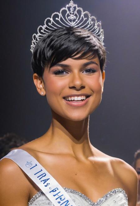 Award winning photography, closeup, 19 years old eveGilles woman, short black messed pixie haircut, shocked but smiling anyway, when winning the beauty pageant, wearing fancy white princess gown and tiara, solo on the scene, eye contact, cinematic, face focus, raw photo, <lora:eveGilles_r3:0.7>