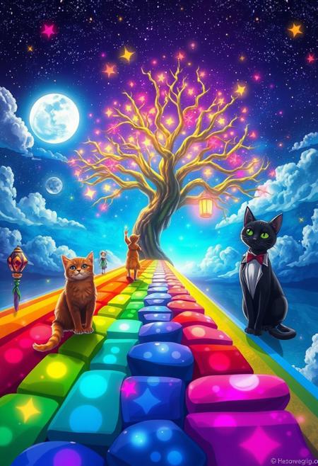 tree,stars,glow,night,cosmic,life,star,xenoblade,chronicles,scenic,desktop,nontextual,matter,abstraction,art,outline,abstract,chibionpu,tableau,arbre,peinture,moon,stars,,glow,fantasy,,night,tree,lantern,picture,color,,clouds,,light,,,,photo,revue,landscape,sylar,rainbow,brilliant,acid,mystic,kits,pink,,petals,,meditaie,,unificrii,conectare,mama,upscale,,number,<lora:wegg:1.0>,Envision a vast, vibrant rainbow bridge spanning a celestial realm. At one end, picture a magnificent orange tabby with medium-long fur,approaching with gentle curiosity. On the opposite side, imagine an althletic sleek tuxedo-patterned cat (95% black), adorned in striking black and white markings, standing with a sense of presence. Reflect on the essence of their encounter amidst the ethereal backdrop, reminiscent of the Rainbow Bridge from Pixar's Coco. The image represents a scene of the orange cat recently dying and leaving the world of the living via the rainbow bridge and seeing his loved one waiting for him on the bridge., wildlife photography, vibrant, architecture, 3d render, cinematic
