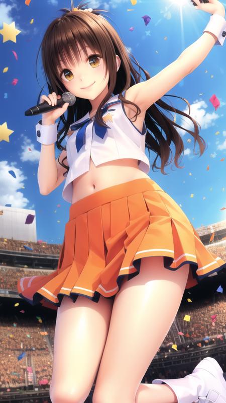 YuukiMikan, character focus, upper body, (white shirt), 
1girl, long hair, yuuki mikan, brown hair, skirt, navel, day, holding, smile, crop top, midriff, orange skirt, miniskirt, solo, floating hair, stomach, wrist cuffs, arm up, sky, holding microphone, outdoors, shiny, pleated skirt, star (symbol), sleeveless, standing, sleeveless shirt, white footwear, leg up, looking at viewer, brown eyes, blue sky, shirt, lens flare, confetti, standing on one leg, boots, from below, orange shirt, yellow eyes, idol, shiny hair, cloud, stage, very long hair, hair ornament, shiny skin