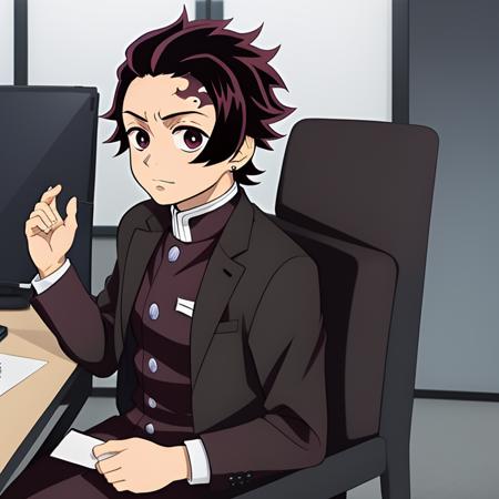 <lora:kamado_tanjirou:0.65> 1 boy,kamado_tanjirou, wearing black suit, realistic, in the Office