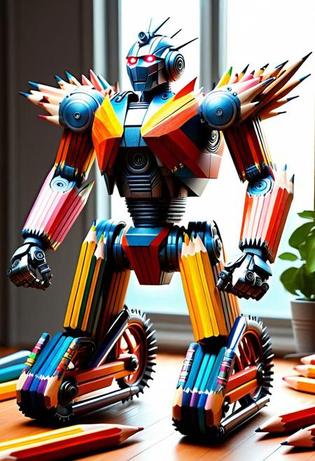 Ultrarealistic. sharp focus, dynamic lighting. play of light, reflection, refraction, Raytracing, Ultra detailed. (((Pencil_morph_style))) A giant robot made of pencil riding a tiny bicycle.