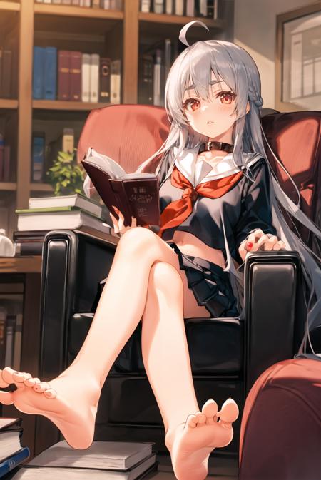 <lora:trnyteal:1>1girl, book, long hair, sitting, school uniform, bird, collar, solo, serafuku, chair, book stack, braid, looking at viewer, barefoot, skirt, sailor collar, black skirt, black serafuku, bookshelf, black legwear, bangs, red neckwear, black shirt, socks, collarbone, black sailor collar, shirt, grey hair, neckerchief, red eyes, pleated skirt, eyebrows visible through hair, single sock, leash, indoors, red collar, feet, long sleeves, string of fate, toenails, string, armchair, very long hair, open book, ahoge, closed mouth, on chair, pink eyes, nail polish, silver hair, toes, crossed legs, holding, side braid, bluebird, toenail polish, library, animal, parted lips, day, blush