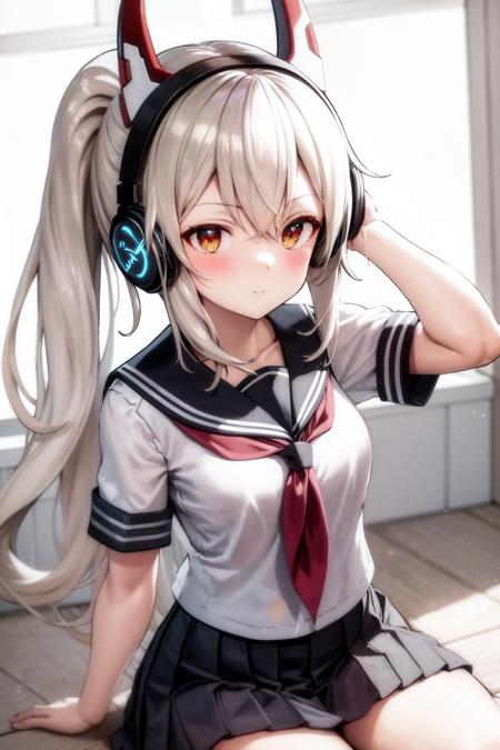 masterpiece, best quality, highres, 1girl ponytail headgear headphones <lora:ayanami_niconico_no_outfit:1> serafuku, school uniform, pleated skirt