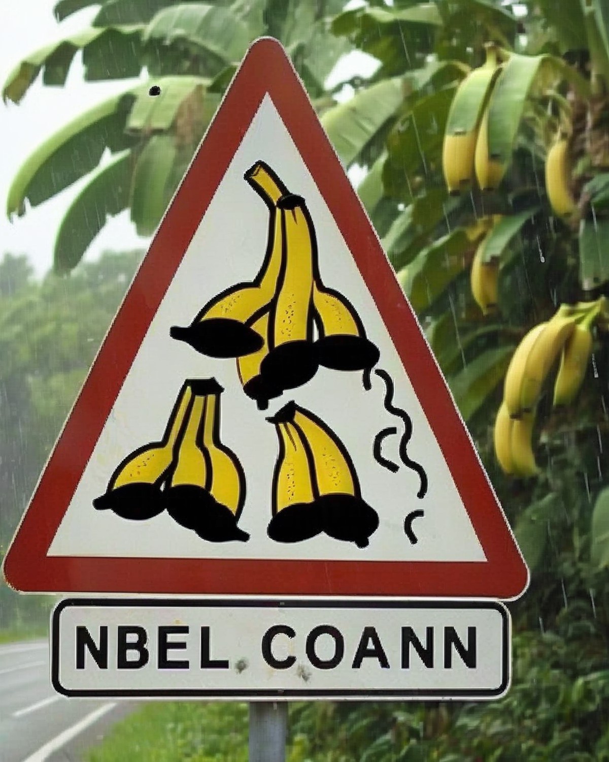 a photo of a road sign , Beware of Sudden Banana Peel Storms:1.3, a comical sign featuring bananas raining from the sky, h...
