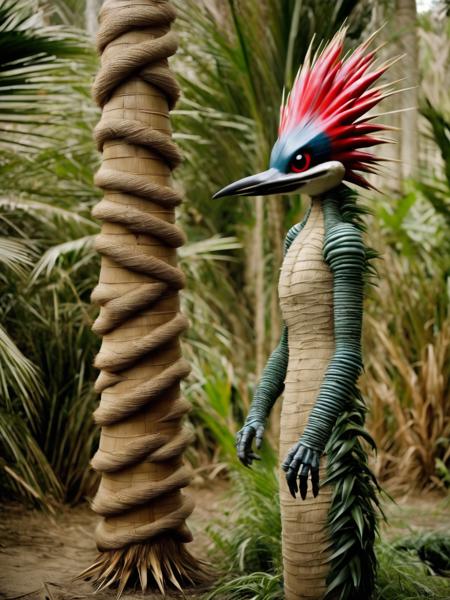 realistic photo of a humanoid woodpecker Exeggutor hybrid, anthro creature