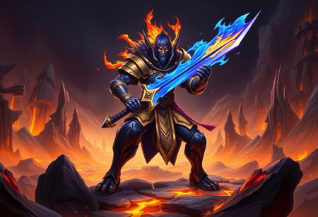 Create a high-quality, full-body image of a Blue Flame Swordsman set against a dark, evil arena background from the League of Legends universe, inspired by the style of WLOP. Incorporate a unique landscape and a predominantly orange and purple color scheme, with golden accents. Ensure the image is coherent, highly detailed, and lifelike, with a sharp focus and smooth artistic border. The character's knees and overall pose should be dynamic, conveying a sense of wrath and tactical prowess.