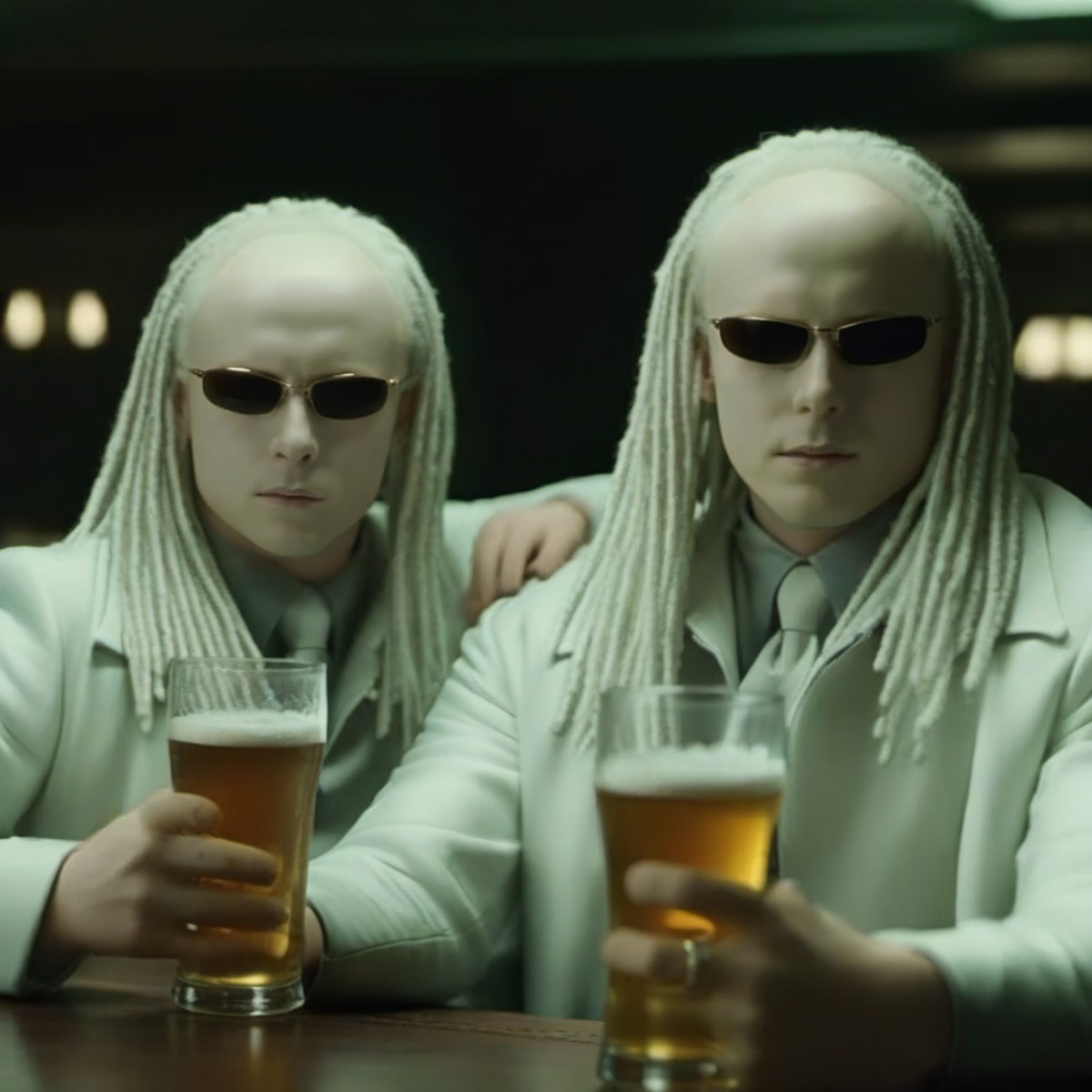 cinematic photo two pale men dressed in white, dreadlocks, sunglasses, having a beer in a pub  <lora:TheTwinsMatrix1024:0....