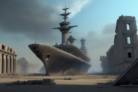 a space pirate battleship among the ruins of an advanced, futuristic city