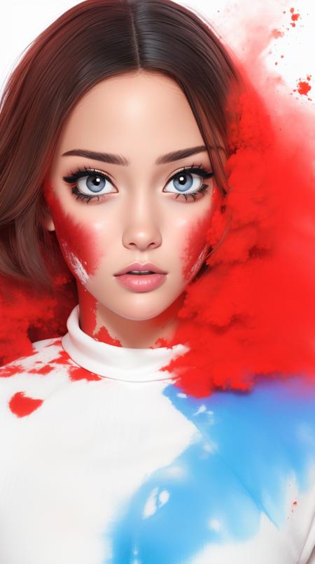 <lora:Sexy-PuertoRican:1> black hair, brown eyes, full lips, red powder, white powder and deep blue powder splashes on background, high quality photography, <lora:powder_v1.0:1>