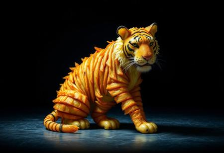 tigre formado por patatas fritas, colores vibrantes, aspecto tranquilo,  fondo oscuro, primer plano, iluminacion derecha, cuerpo de patatas, cortadas, rodajas, sentado mirando a la camara, fotografia cinematografica.