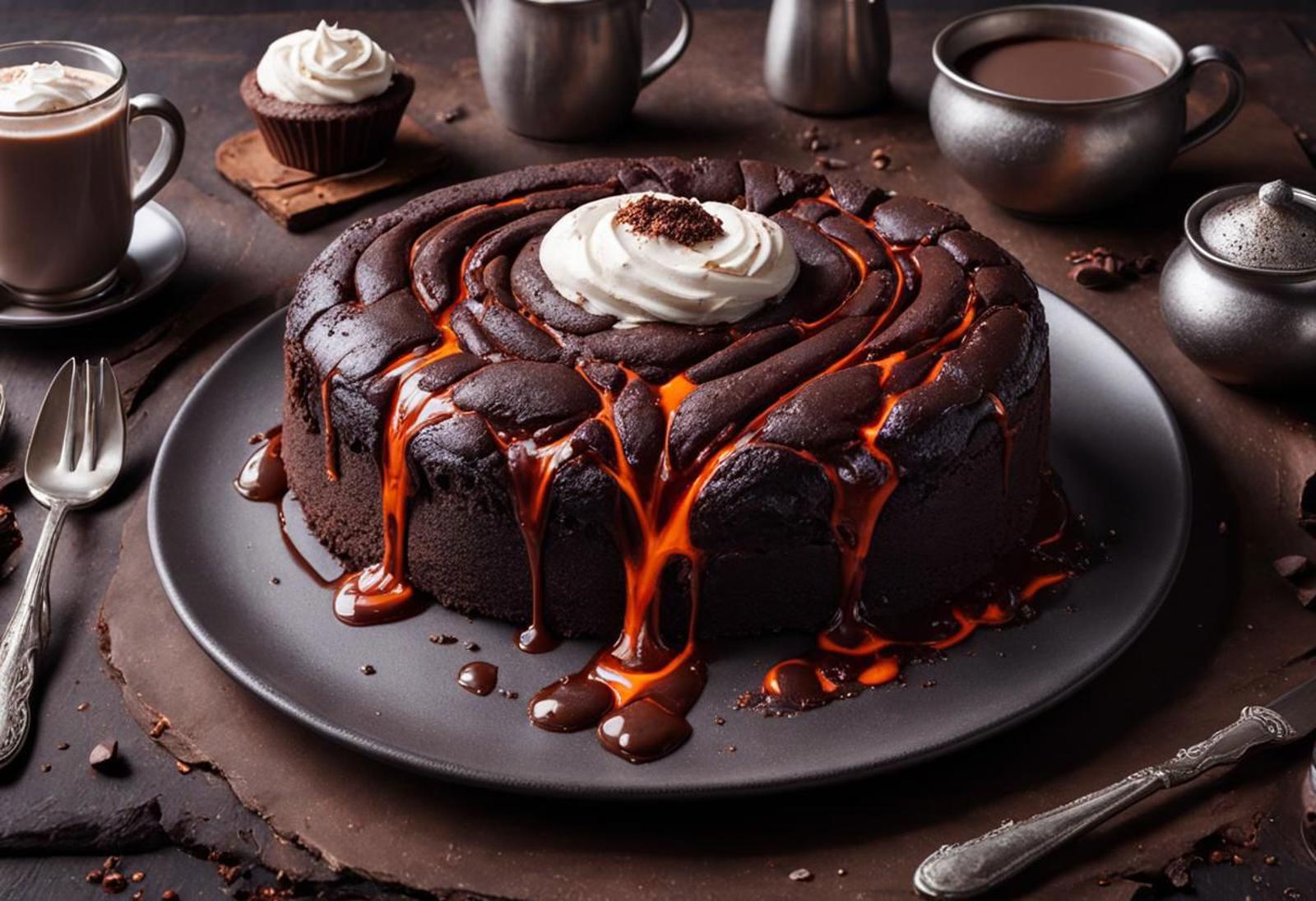 Chocolate Lava Cake on a Plate with Caramel Sauce and a Spoon