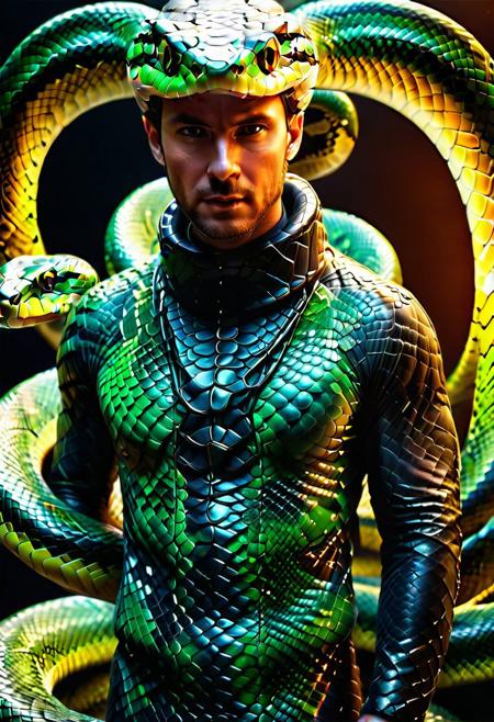"A man wrapped by a snake around his neck, glowing under soft, eerie lighting, surrounded by discarded skin, detailed scales, surreal and unsettling atmosphere, photorealistic textures." <lora:SDXLFaeTastic2400:0.4> <lora:extremely_detailed:0.4> extremely detailed, <lora:sn4ke:1>,sn4ke, Masterpiece,best quality,hi res,8k,hi res,8k,award winning,(sharp focus, intricate, highly detailed), rating:safe