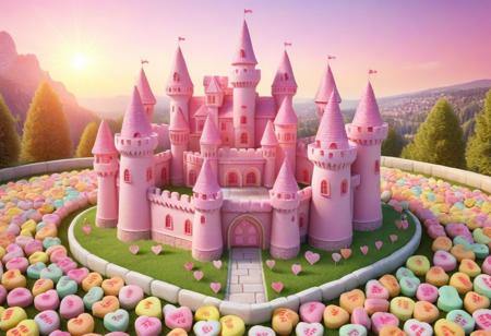 A happy cute, (castle made from candyhearts, text:1.2), building, architecture, Adorable, heart warming, cheerful, detailed, bright colours, shiny, eco-friendly, garden, spring, environmental, sunlight, shadows, digital art, whimsical, playful, intricate details, high resolution, photorealistic, joyful atmosphere, gentle, soft lighting, cartoonish style, enchanting, vivid, appealing, imaginative, family-friendly, [photography, realistic, photorealistic, (8k), (highly detailed), cinematic lighting, intricate details, (high resolution), award-winning,   correct focus, realistic, realistic lighting, (highly detailed),  masterpiece], ((Cinematic Still-Shot)), no humans,