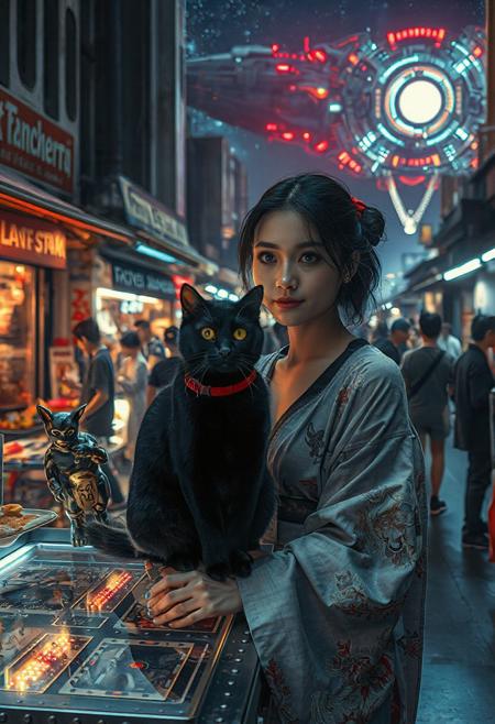 Setting is a futuristic cyberpunk street market at night, the market is comprised of street vendors selling robot parts, food, weapons, and robots. People wearing futuristic cyberpunk clothing are walking through the street market shopping and eating, A sleek black cat with red collar sits on a cluttered metal riveted desk with transparent top and micro-LED lighted computer components visible inside, On the desk is an ebony and gold maneki neko statue and futuristic art deco lighting, (((a beautiful woman, 24 years old, is standing in the foreground FACING THE VIEWER, she has an expression of interested curiosity)))))), the sleek black cat with red collar is sitting on the desk and watching the people walking by in the busy street market, the woman is dressed in futuristic cyberpunk Japanese style yukata with a plunging neck line alluring but Japanese classic aesthetic. An enormous art deco inspired starship with futuristic lighting and an enormous space station are visible in the background among the stars, The woman's hair is elegantly tied up with a ribbon. Artistic cyberpunk, dynamic perspective, (((overall architectural aesthetic is Art Deco Cyberpunk))).  Epic image that elicits a feeling of wonder and awe,