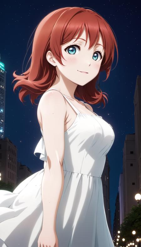 Main: a solo shot of skinny emmaverde from the side wearing a white dress in a city plaza at night looking at the viewer with her red hair down below her shoulders and huge breasts and aqua eyes and freckles on her cute face smiling
Secondary: emmaverde, 1girl, white dress, bangs, large breasts, hair between eyes, standing, from side, smile, outdoors, medium hair, hair down, city, building, night
Style: anime, professional, 4k, highly detailed