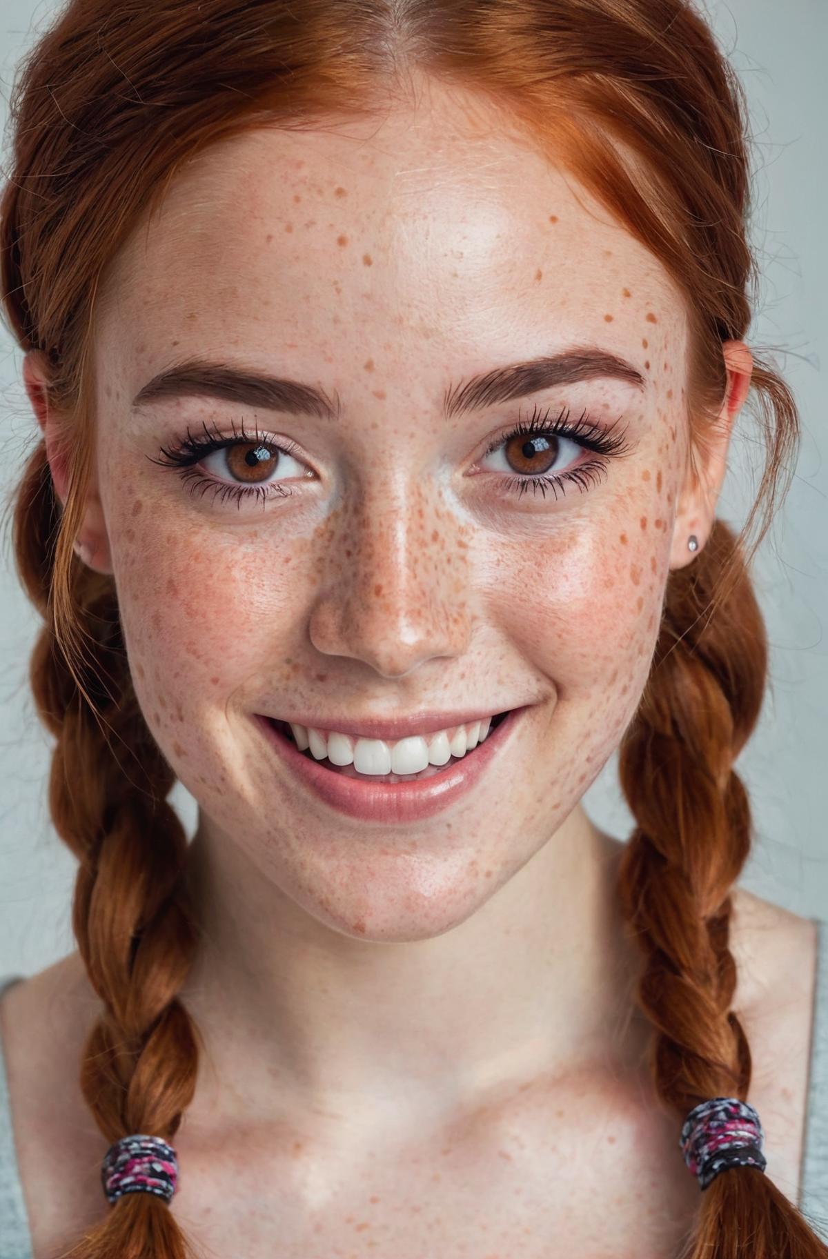A smiling woman with red hair and freckles, wearing a ponytail.