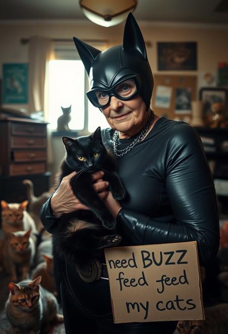 Closeup of old 77 year old Catwoman from batman movie in worn iconic catsuit holding chubby black cat in her dilapitated apartment, 30 different cats running around, sunlight coming from window, she is holding sign "need BUZZ to feed my cats"
