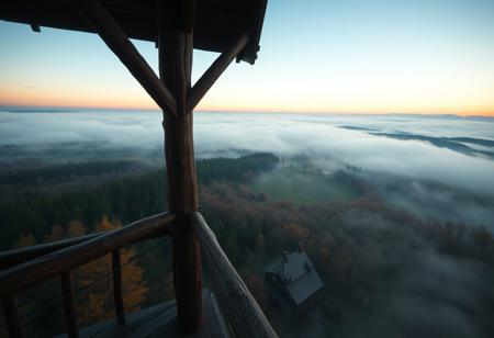 mist, a wide vista, forests and vast open grasslands, medieval, D&D, real photo, 4k, high contrast, vibrant colours, movie still, pre-dawn, rich colours, view from the top of a wooden watchtower looking out