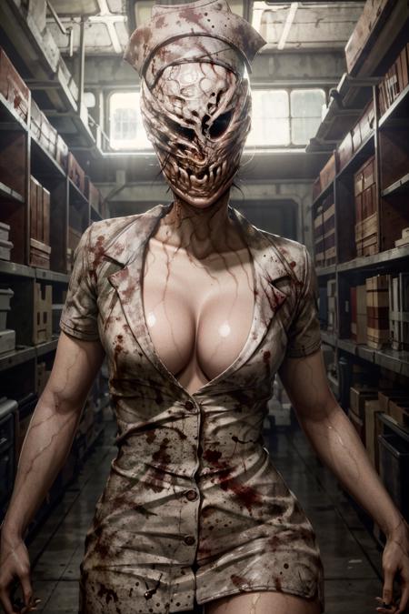 (masterpiece, best quality)
SilentHillNurse, 1girl, solo, hat, dress, cleavage, short sleeves, faceless female, blood, monster girl, faceless, nurse cap, nurse, blood on clothes, no eyes, horror \(theme\)
<lora:epi_noiseoffset2:1>  <lora:add_detail:0.7>   <lora:SilentHillNurse:1>