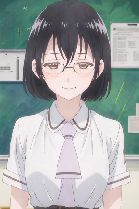 best quality, masterpiece, highres, solo, {kasumi_nomura_asobiasobase:1.15}, black_hair, glasses, short_hair, necktie, brown_eyes, 1girl, black_eyes, looking_at_viewer, school_uniform, shirt, smile, upper_body, white_shirt, semi-rimless_eyewear