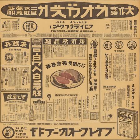 A photorealistic representation of an old, slightly yellowed newspaper laid flat on a wooden table or similar surface. The newspaper should be open to a page featuring an advertisement for meat products like beef, pork, or chicken. The ad should have a vintage style, perhaps with retro fonts and illustrations, and should prominently display the prices and types of meat available. The newspaper itself should have other articles and advertisements around the meat ad, giving it a context of being a part of daily news. The lighting should be soft and natural, highlighting the details of the newspaper and the advertisement. The overall atmosphere should evoke a sense of nostalgia and authenticity, <lora:oldjpnews:0.8>