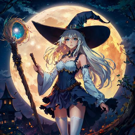 1girl,(Tattered clothes:1.1),long white hair, (white stockings:1.1),white large witch hat,witch costume, Ride broomstick, fantasy,(light:1.3),dark theme,magic,moon,upper body,close up,