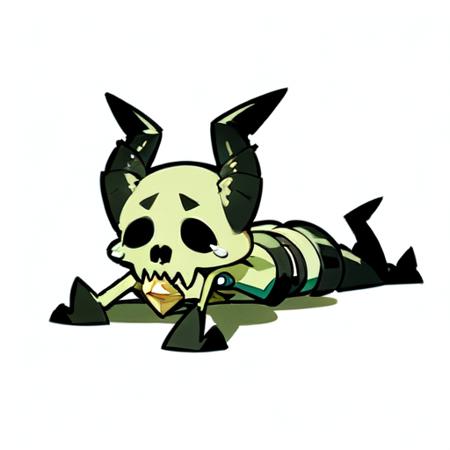 ((masterpiece, best quality,8k,ultra high res)),
pugna\(dota\),chibi,1boy, lying and crying in front of 1stone ,on stomach,skeleton,white background,