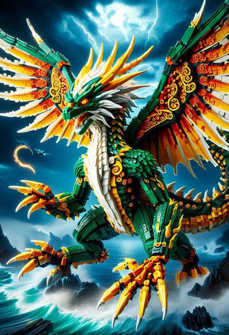 digital art images, beautiful, fantasy, and complex, detailed portrait , 
Lego set eastern_dragon made of lego
Flying:1.4, roar:1.4, /(wings spread wide/)
fiery colors, deep green, electric yellow, molten golden edges, 
beautiful, 
thunder,bolt
sea, night time, cloudy,
masterpiece, photorealistic, highly detailed,