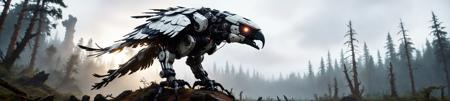 Lush dense natural late night forest scenery from "horizon zero dawn" cloudy stormy; (long shot:1.5) of a white and black mechanical robotic machine inspired by "Horizon zero dawn" resembling a giant (Hawk:1.4) fitted with futuristic weapons and glowing eyes; captured in a (long shot:1.4) with a full frame DSLR camera with a wide angle 35mm prime lens, with f/8 aperture, 1/500 sec shutter speed, ISO 100; UWQHD, wide-angle, wide-screen, ultra-wide, realistic depth, scale, rule of thirds, absurdres;  <lora:add-detail-xl:1.5>    <lora:compb0t:0.8> <lora:zkeleton:0.5>; misty atmosphere, rotting stumps
