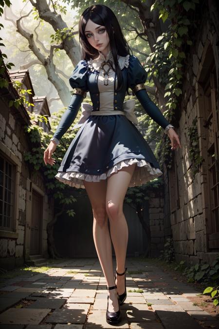 (masterpiece, highres, best quality:1.2)
 <lora:AliceMadness:0.8>
AliceMadness, 1girl, solo, long hair, black hair, dress, full body, vine-covered terrace, morning, gentle filtered light through the foliage , horror \(theme\)