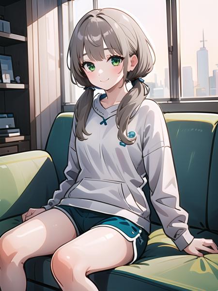 (1girl, solo, masterpiece, best quality, extremely detail), <lora:korean_streamer_v3.1-000014:0.75>, light smile, dolphin_shorts, hair, indoors, sitting, on couch, (chan, grey hair, light brown hair, green eyes, low twintails)