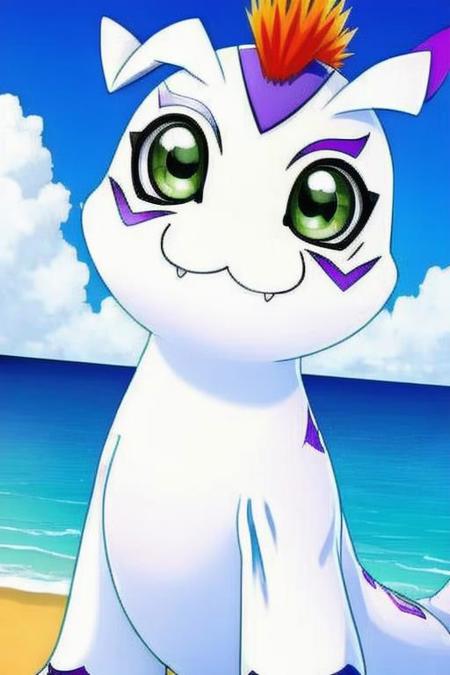 ((masterpiece,best quality)),best res,),good anatomy,cute,ultra cute face,smiling,extremely detailed face,4k,happy, upper body,,detailed eyes,beautiful,smiling,,cute,very cute,, solo,, smile, tail,upper body,,gomamon,middle of a beach,standing,tail,