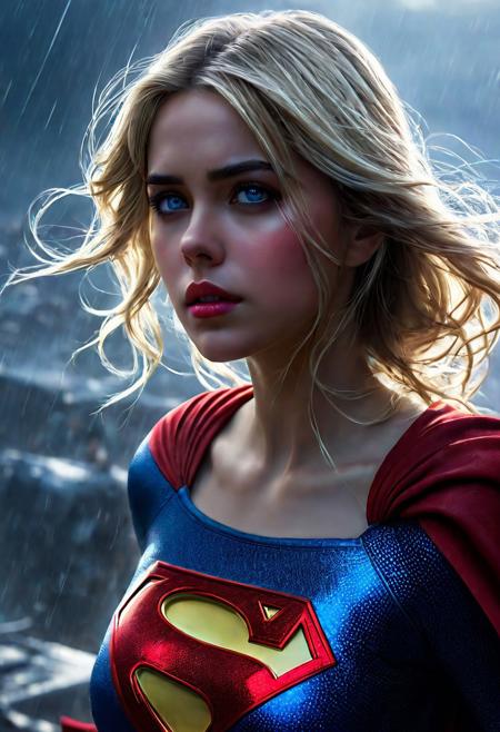 High resolution ultra-realistic of Beautiful Supergirl fighting against alien invasion, cinematic style, standing on a bloody and stormy battlefield in a fighting pose, bloody massacre, realistic blue combat costume, red mini skirt, red cape, perfect athletic figure, wavy blonde hair, handsome dirty bloody face, beautiful perfect detailed pupils, wet oily shiny skin, covered in dirty and blood, beautiful firm Breasts, defiant and seductive, attractive 21 year old Supergirl, 8k resolution concept art portrait by Greg Rutkowski, Kiernan Shipka, Dark Gotham City, Artgerm, WLOP, Alphonse Mucha, dynamic lighting, hyperdetailed, intricately detailed, Splash art trending on Artstation triadic colors, Unreal Engine, 5 volumetric lighting, Cinematic Lighting, intricate, smooth, sharp focus digital painting, Asymmetrical Balance, realistic eyes, ultra detailed atmospheric details, sparkle effects, realistic body proportions, beautiful body Supergirl proportions, complex masterpiece, dramatic atmosphere