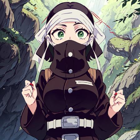 <lora:Kakushi_Girl-10:1>outdoor,forest,high quality,Masterpeace,Kakushi_Girl, 1girl, solo, black hair, green eyes, belt, mask, covered mouth, white belt, demon slayer uniform,bandana,short hair