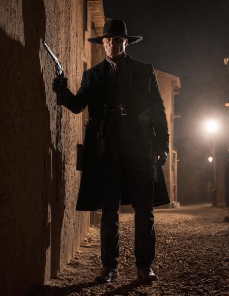 highest resolution raw dslr full body shot photo of mib man,casting a long shadow on a wall,night,illuminated from behind ,standing in a western town,holding a gun,black outfit,wearing a black hat,realistic skin texture,pores,dimly lit,sweaty skin,cinematic,depth of field,masterpiece,volumetric lighting,cinematic,surreal dramatic shadow,rim lighting
