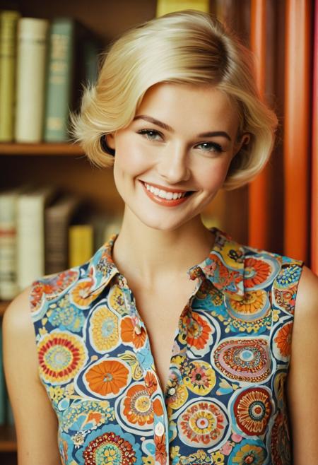 fashion editorial style. cinematic, gjhawn, a 20-year-old-woman, short-blonde-pixie-hair, smile, in a buttoned-blouse, sleeveless, retro 60s fashion, 60s color palette, 1960s style, 35mm photograph, film, bokeh, professional, 4k, highly detailed, casual-clothing, long-flowing-shirt, jeans, (bold-colorful-psychedelic-mod-print-clothing, by 'Emilio Pucci'), trendy, stylish, editorial, magazine style, professional, highly detailed, (indoors)